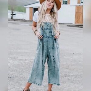Three Bird Nest Blue  Denim distressed Overalls with Wide Legs and Bib Front